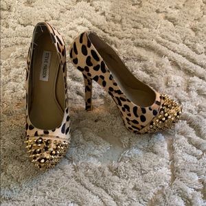 Gold Studded Cheetah Print Pony Hair Stilettos